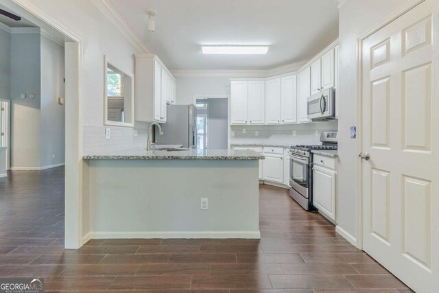 kitchen featuring appliances with stainless steel finishes, tasteful backsplash, ornamental molding, white cabinetry, and dark wood-style flooring