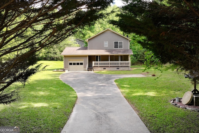 1405 Lumpkin County Pkwy, Dahlonega, GA 30533 - farmhouse with a porch, asphalt driveway, a garage, crawl space, and a front yard