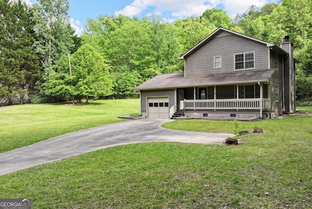 1405 Lumpkin County Pkwy, Dahlonega, GA 30533 - view of front of home featuring a porch, a chimney, an attached garage, concrete driveway, and a front lawn