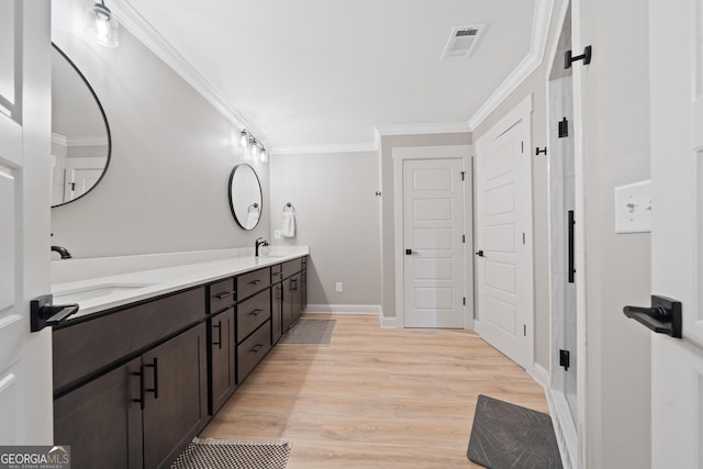 bathroom with wood finished floors, crown molding, baseboards, and double vanity