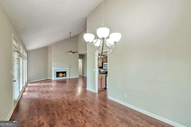 616 Lone Oak Ct, Lithonia, GA 30058 - unfurnished living room featuring a chandelier, a warm lit fireplace, dark wood finished floors, baseboards, and a ceiling fan