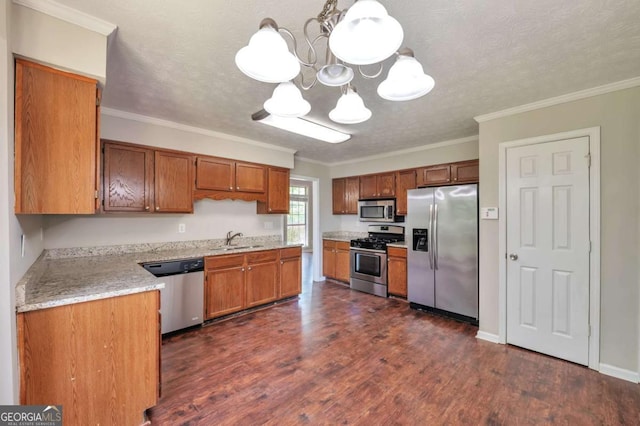616 Lone Oak Ct, Lithonia, GA 30058 - kitchen featuring appliances with stainless steel finishes, a sink, dark wood-style flooring, brown cabinetry, and ornamental molding