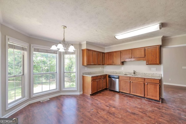 616 Lone Oak Ct, Lithonia, GA 30058 - kitchen featuring dishwasher, brown cabinetry, a chandelier, a textured ceiling, and ornamental molding