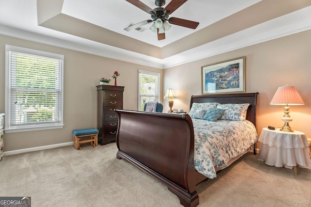 1201 Bridle Path, Marietta, GA 30068 - bedroom featuring light carpet, a raised ceiling, baseboards, crown molding, and ceiling fan