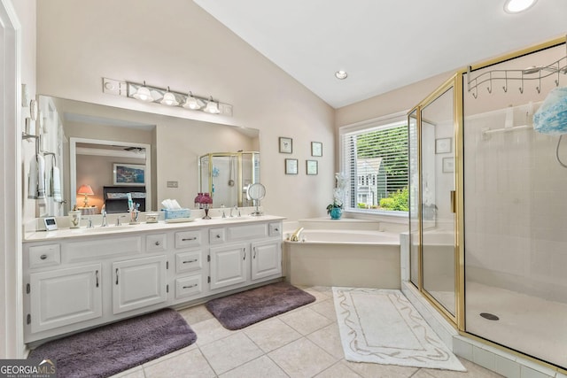 1201 Bridle Path, Marietta, GA 30068 - ensuite bathroom with lofted ceiling, a shower stall, a bath, double vanity, and tile patterned flooring