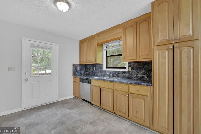 361 Gordon Valley Ln SW, Mableton, GA 30126 - kitchen featuring stainless steel dishwasher, a sink, dark countertops, backsplash, and baseboards