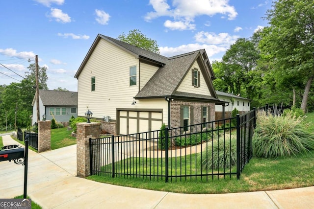 view of front of home featuring an attached garage, driveway, roof with shingles, and brick siding