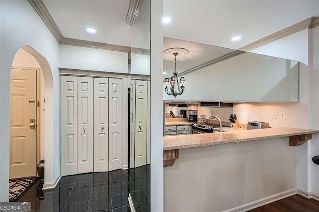 2499 Peachtree Rd Unit 108, Atlanta, GA 30305 - kitchen featuring a sink, crown molding, baseboards, a chandelier, and light stone counters