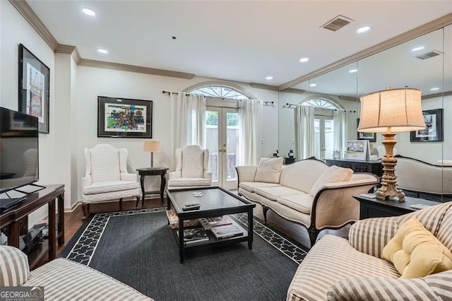 2499 Peachtree Rd Unit 108, Atlanta, GA 30305 - living area with ornamental molding, dark wood-type flooring, recessed lighting, baseboards, and french doors