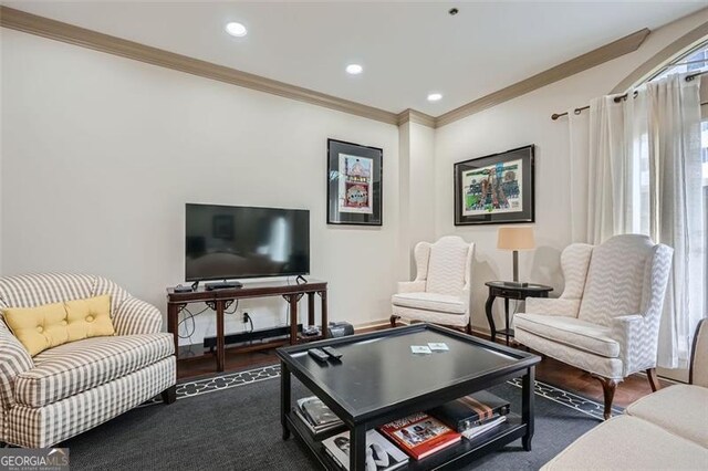 2499 Peachtree Rd Unit 108, Atlanta, GA 30305 - living area with ornamental molding, wood finished floors, and recessed lighting