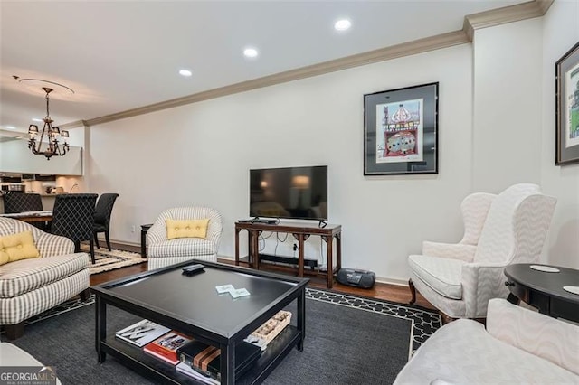 2499 Peachtree Rd Unit 108, Atlanta, GA 30305 - living area with ornamental molding, recessed lighting, wood finished floors, baseboards, and a chandelier