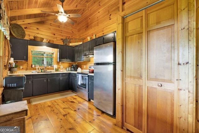 1157 Laurel Creek Rd, Blue Ridge, GA 30513 - kitchen with appliances with stainless steel finishes, a sink, under cabinet range hood, light wood finished floors, and wooden ceiling