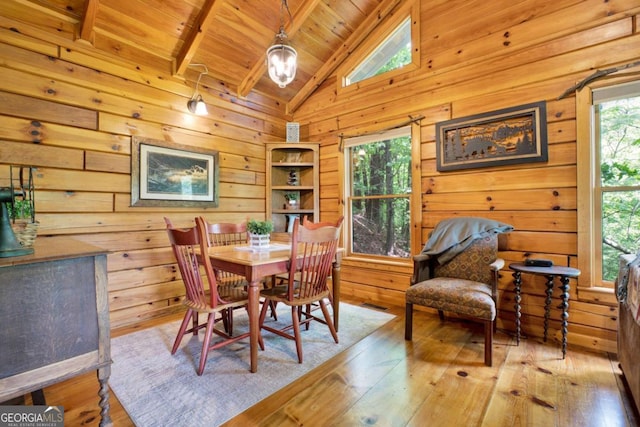 1157 Laurel Creek Rd, Blue Ridge, GA 30513 - dining room with healthy amount of natural light, hardwood / wood-style flooring, wooden walls, and wood ceiling