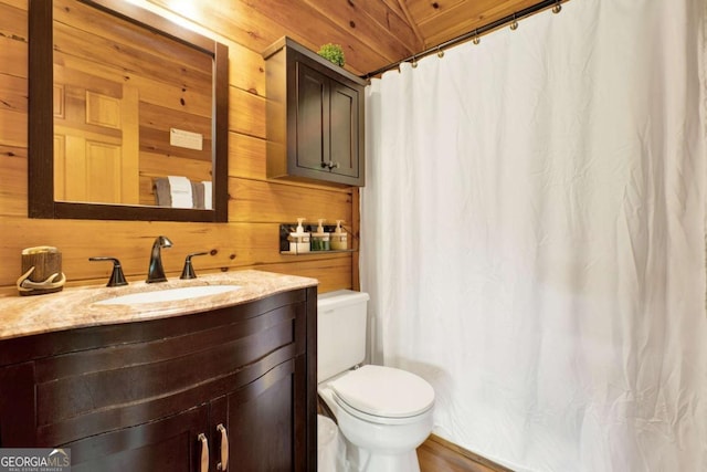 1157 Laurel Creek Rd, Blue Ridge, GA 30513 - bathroom featuring wood walls, toilet, vanity, and curtained shower