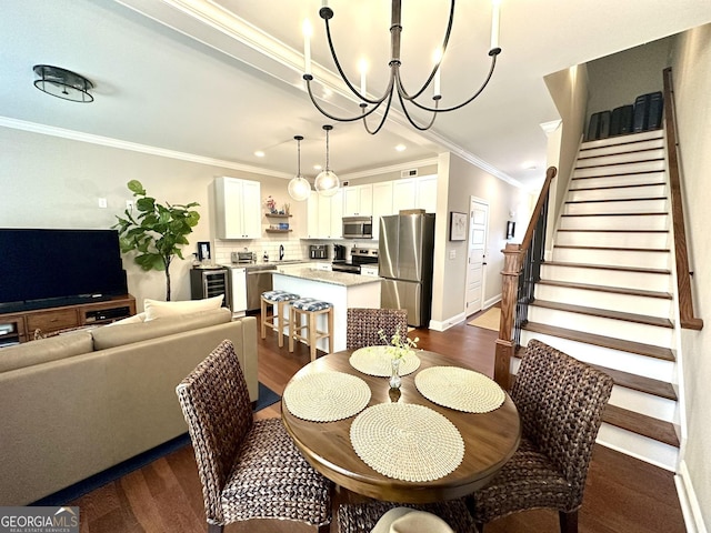 dining space with dark wood-style flooring, stairway, crown molding, baseboards, and recessed lighting