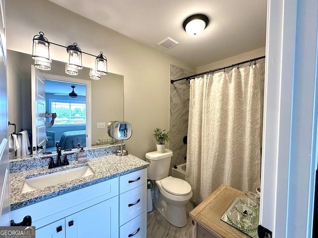 bathroom featuring connected bathroom, vanity, shower / bath combo, toilet, and marble look tile flooring