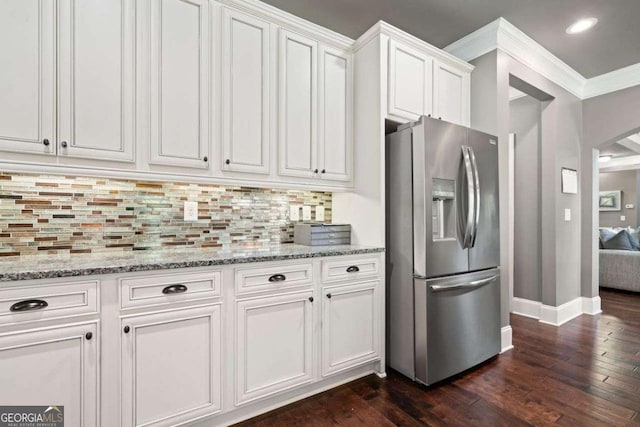 161 Archstone Sq, Mcdonough, GA 30253 - kitchen featuring stainless steel refrigerator with ice dispenser, baseboards, dark wood finished floors, white cabinetry, and decorative backsplash