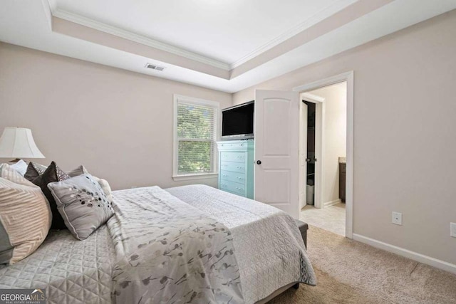 161 Archstone Sq, Mcdonough, GA 30253 - bedroom featuring crown molding, a raised ceiling, light colored carpet, and baseboards