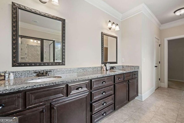161 Archstone Sq, Mcdonough, GA 30253 - bathroom with crown molding, a stall shower, double vanity, baseboards, and tile patterned floors