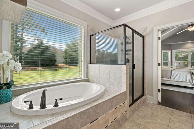 161 Archstone Sq, Mcdonough, GA 30253 - ensuite bathroom featuring a garden tub, a stall shower, ornamental molding, tile patterned floors, and plenty of natural light