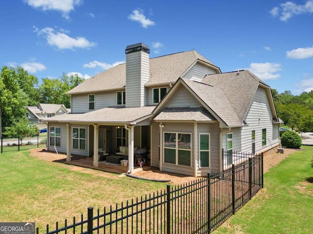 161 Archstone Sq, Mcdonough, GA 30253 - back of property featuring a shingled roof, a chimney, outdoor lounge area, and a patio