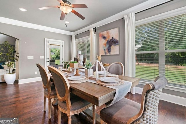 161 Archstone Sq, Mcdonough, GA 30253 - dining area with ornamental molding, a ceiling fan, baseboards, dark wood-style floors, and recessed lighting