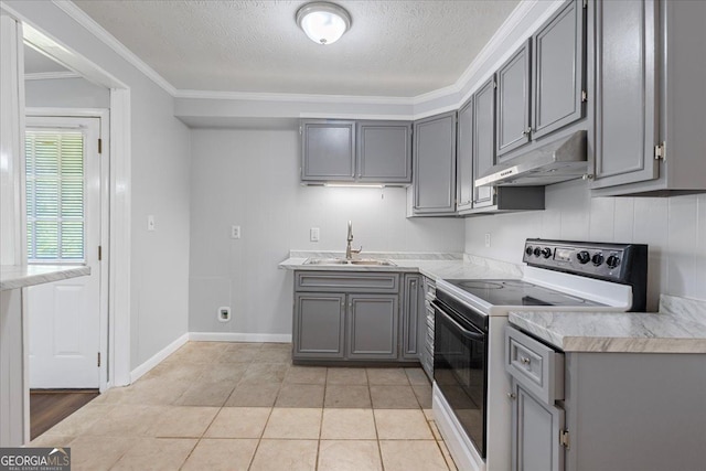 684 Hog Liver Rd, Carrollton, GA 30117 - kitchen featuring under cabinet range hood, white electric range oven, gray cabinetry, a sink, and a textured ceiling