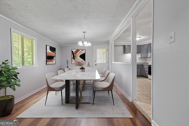 684 Hog Liver Rd, Carrollton, GA 30117 - dining area with a chandelier, a textured ceiling, ornamental molding, wood finished floors, and baseboards