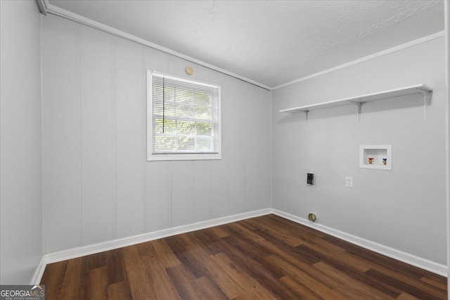 684 Hog Liver Rd, Carrollton, GA 30117 - laundry room with washer hookup, dark wood-style flooring, crown molding, baseboards, and electric dryer hookup