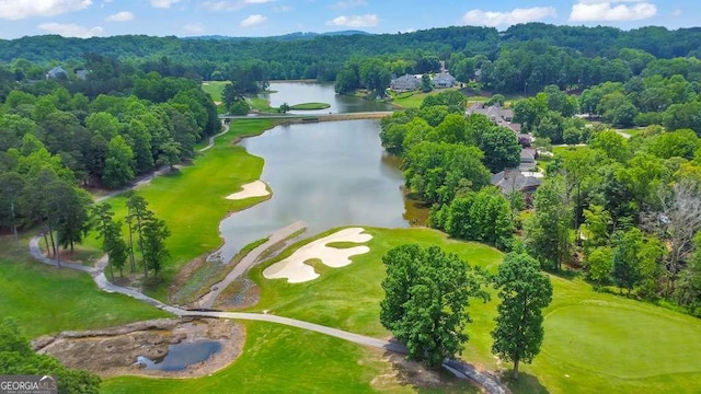 drone / aerial view of a large body of water, a forest, and a golf club