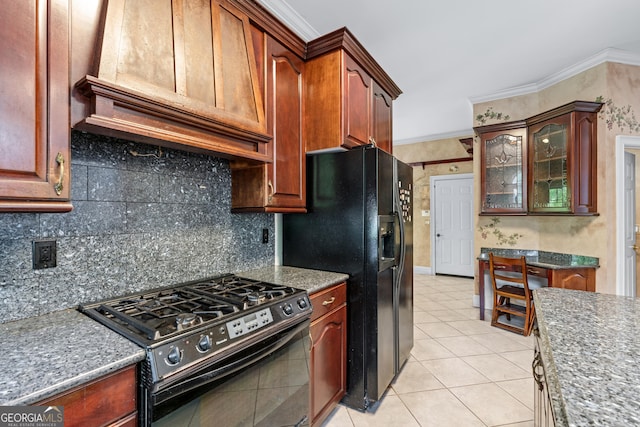 11569 Finley Rd, Johns Creek, GA 30024 - kitchen with black appliances, custom range hood, crown molding, backsplash, and glass insert cabinets