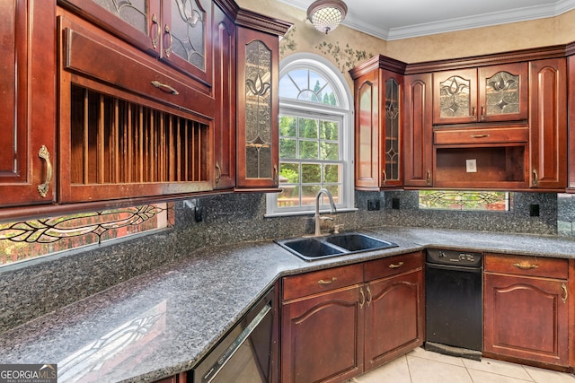 11569 Finley Rd, Johns Creek, GA 30024 - kitchen with a sink, dishwasher, dark brown cabinets, backsplash, and glass insert cabinets