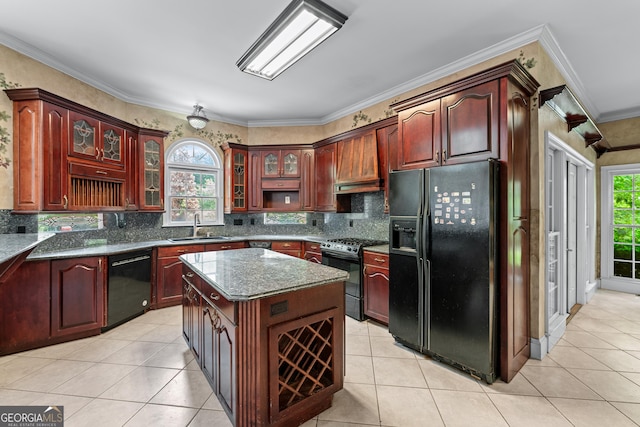 11569 Finley Rd, Johns Creek, GA 30024 - kitchen featuring black appliances, a sink, reddish brown cabinets, and ornamental molding