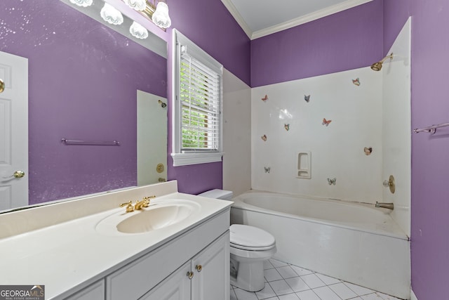 11569 Finley Rd, Johns Creek, GA 30024 - full bath with crown molding, toilet, tile patterned flooring, vanity, and shower / washtub combination