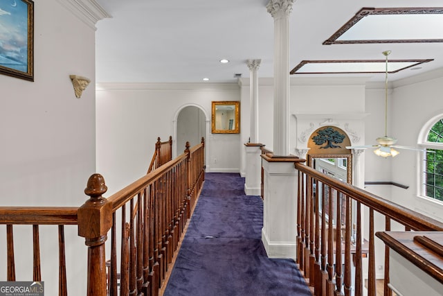 11569 Finley Rd, Johns Creek, GA 30024 - corridor with an upstairs landing, ornamental molding, carpet flooring, ornate columns, and recessed lighting