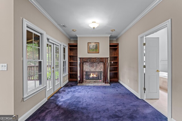 11569 Finley Rd, Johns Creek, GA 30024 - unfurnished living room featuring ornamental molding, carpet flooring, baseboards, and a high end fireplace
