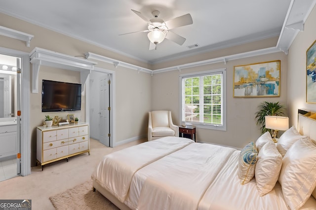 11569 Finley Rd, Johns Creek, GA 30024 - bedroom featuring light carpet, ornamental molding, ensuite bathroom, and a ceiling fan
