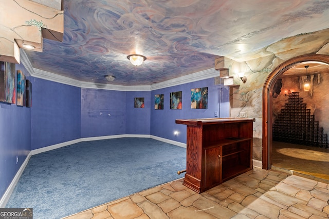 11569 Finley Rd, Johns Creek, GA 30024 - bar featuring carpet, baseboards, and arched walkways