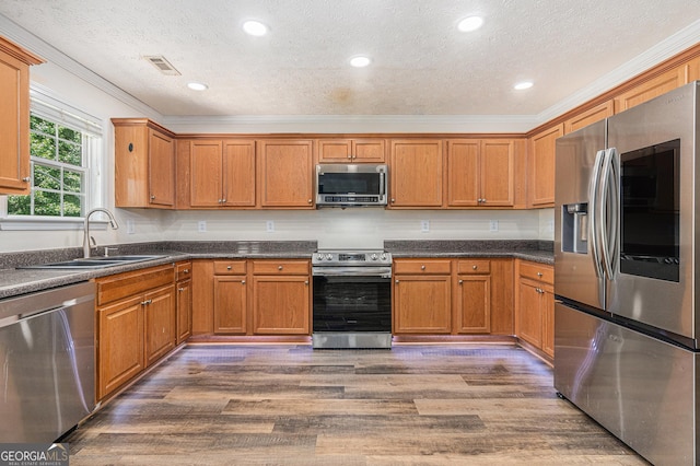 220 Windpher Rdg, Hampton, GA 30228 - kitchen with stainless steel appliances, a sink, wood finished floors, a textured ceiling, and ornamental molding