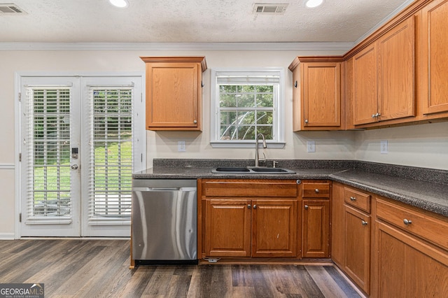 220 Windpher Rdg, Hampton, GA 30228 - kitchen with a sink, dishwasher, dark countertops, dark wood-style floors, and crown molding