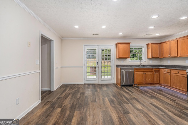 220 Windpher Rdg, Hampton, GA 30228 - kitchen featuring dishwasher, a sink, dark wood-style floors, crown molding, and dark countertops