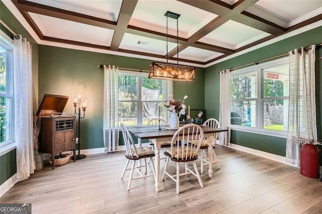 837 Brown Thrasher Way, Bremen, GA 30110 - dining area featuring baseboards, a chandelier, beamed ceiling, wood finished floors, and coffered ceiling
