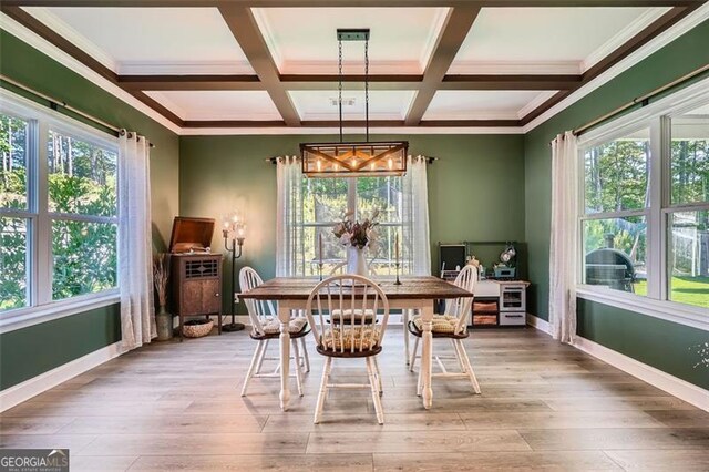 837 Brown Thrasher Way, Bremen, GA 30110 - dining area with wood finished floors, coffered ceiling, baseboards, beam ceiling, and ornamental molding