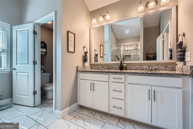 837 Brown Thrasher Way, Bremen, GA 30110 - full bath featuring marble look tile flooring, baseboards, double vanity, toilet, and a shower stall