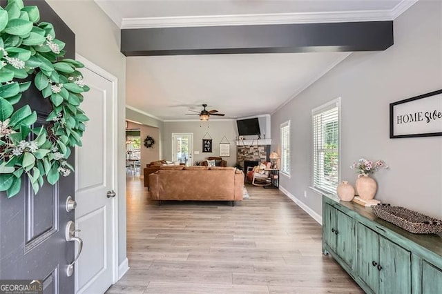 837 Brown Thrasher Way, Bremen, GA 30110 - living area with ornamental molding, a fireplace, ceiling fan, light wood-type flooring, and baseboards