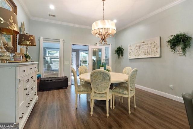 156 Hannah Dr, Jesup, GA 31546 - dining area with dark wood-type flooring, a chandelier, ornamental molding, and recessed lighting