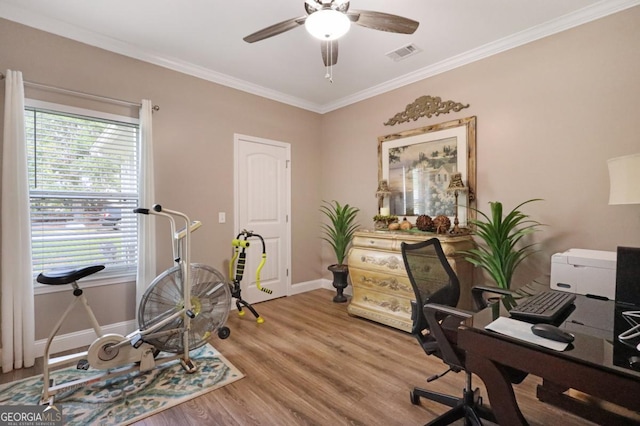 156 Hannah Dr, Jesup, GA 31546 - office space with ceiling fan, wood finished floors, and crown molding