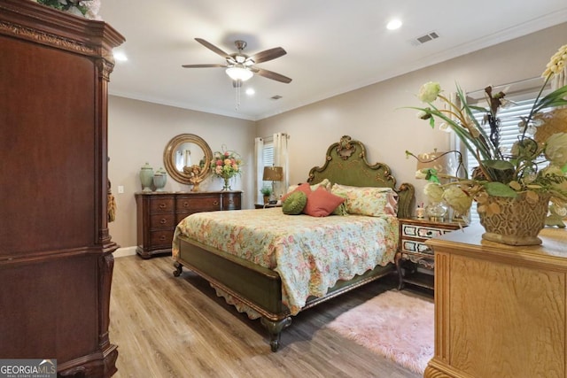 156 Hannah Dr, Jesup, GA 31546 - bedroom featuring light wood finished floors, recessed lighting, a ceiling fan, and crown molding