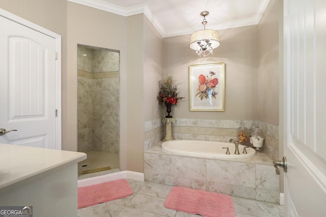 156 Hannah Dr, Jesup, GA 31546 - full bath featuring ornamental molding, a garden tub, a shower stall, vanity, and a chandelier