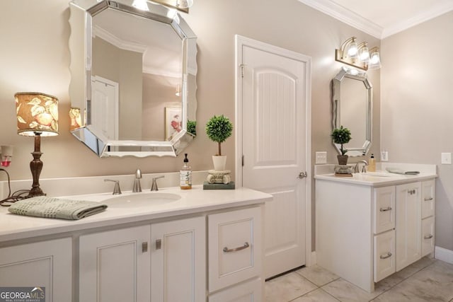 156 Hannah Dr, Jesup, GA 31546 - bathroom featuring two vanities, crown molding, and tile patterned floors